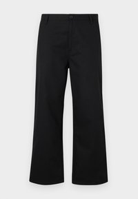 Svart, vide benbukser laget av glatt stoff. Har en knappens frontlukkning og standard midjebånd. Minimalistisk design, ingen synlige mønstre.