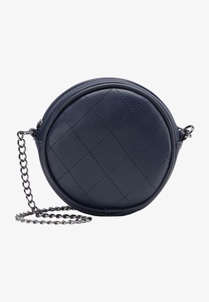 Sac bandoulière rond en cuir matelassé noir avec bandoulière chaîne argentée et fermeture éclair.
