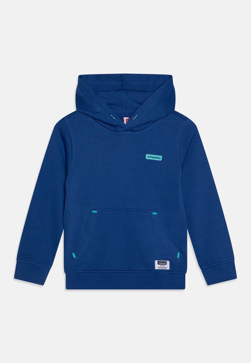 Sweat à capuche bleu pour enfants avec poche kangourou à l'avant, poignets et ourlet côtelés, petit logo de la marque sur la poitrine et poignet inférieur gauche.