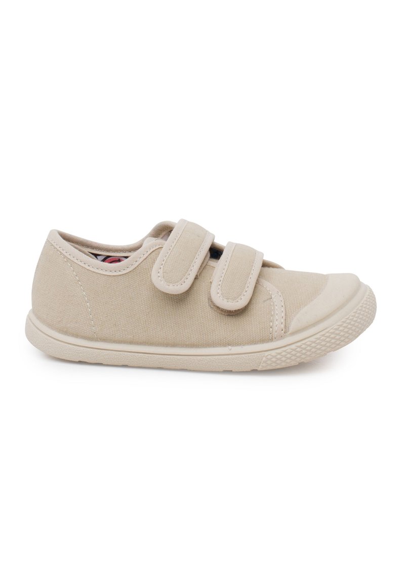 Scarpa in tela beige con due strap in velcro, punta rotonda, suola testurizzata e copertura in gomma a contrasto. Design semplice senza motivi.