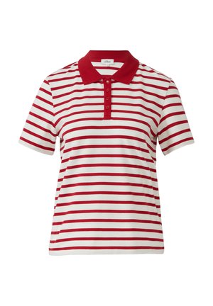 Polo rouge et blanc à rayures avec un col rouge uni, des manches courtes et un plastron comportant cinq boutons. Fabriqué en tissu doux.