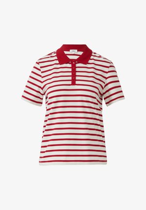 Czerwono-biała polo w paski z jednolitym czerwonym kołnierzykiem, krótkimi rękawami oraz plisą z pięcioma guzikami. Wykonana z miękkiego materiału.