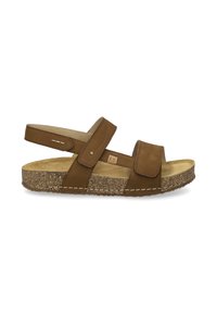 Brown leather sandals with adjustable straps, cork sole, and beige footbed. Features white stitching and a strap on the heel for support.