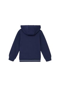 Navyblauer Hoodie im Pulli-Design, verstellbare Kapuze, gerippte Bündchen und ein weißer Streifenakzent am Saum. Weicher, strukturierten Stoff.