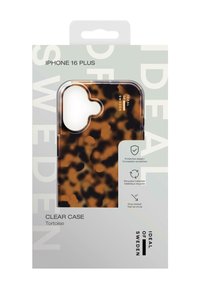 iPhone 16 Plus clear case with tortoise pattern, featuring a transparent design, smooth texture, and protective hardware details.