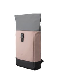Ropatúrás hátizsák puha rózsaszín és szürke anyagokból, fekete aljjal, állítható pántokkal és elöl csattal záródik.