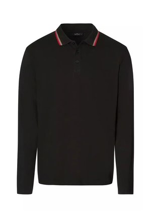 Czarna koszulka polo z długim rękawem, z trzema guzikami oraz ciemnym kołnierzykiem w cienkie czerwone i szare paski.