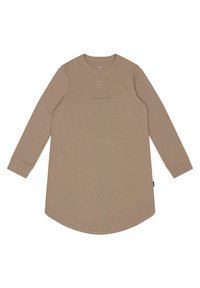 Langærmet tunika lavet af blødt beige stof, med en rund kant, rund hals og trykt tekst "STOP, SLAP AF, NYD" i diskret grå.
