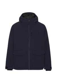 Marinblå vattentät jacka med huva, dragkedjestängning, två framfickor och en bröstficka. Tillverkad av texturerat tyg med justerbara ärmslut.