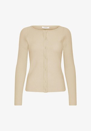 Bézs bordázott, hosszú ujjú kardigán kerek nyakkivágással és elülső gombos záródással.