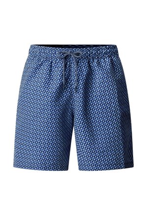 Blauwe zwemshorts met wit geometrisch patroon en een voorkant met trekkoord in de tailleband, weergegeven op een witte achtergrond.