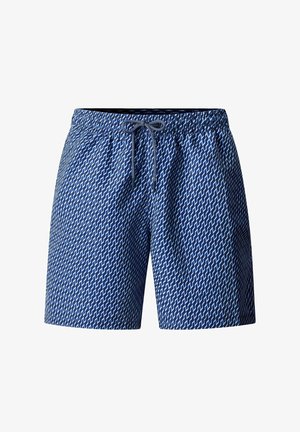 Blauwe zwemshorts met wit geometrisch patroon en een voorkant met trekkoord in de tailleband, weergegeven op een witte achtergrond.