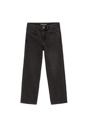 Luźne czarne jeansy z denimu z guzikami z przodu, szlufkami na pasek i pięcioma kieszeniami, ułożone na płasko i widoczne z przodu.