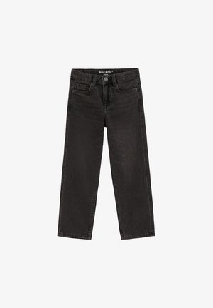 Locker sitzende schwarze Denim-Jeans mit Knopf vorne, Gürtelschlaufen und fünf Taschen, flach liegend und von vorne betrachtet.