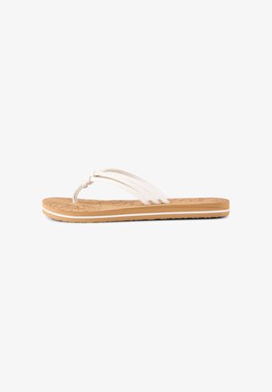 White flip-flop sandals with three narrow straps, a textured beige insole featuring a floral pattern, and a soft, flexible sole.