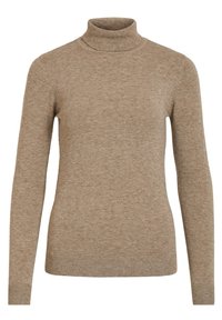 Pull en col roulé beige en tissu tricoté doux, avec des manches longues et un col et un ourlet côtelés pour un ajustement confortable.