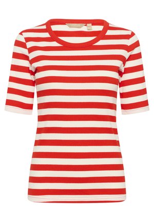 T-shirt à manches courtes rayé rouge et blanc avec une texture côtelée et un col rond. Pas de motifs ou d'accents supplémentaires visibles.
