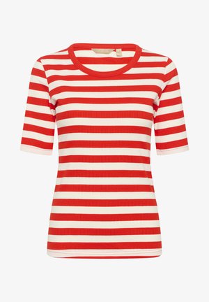 T-shirt à manches courtes rayé rouge et blanc avec une texture côtelée et un col rond. Pas de motifs ou d'accents supplémentaires visibles.