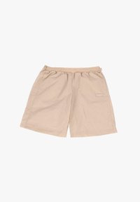 Shorts beiges en tissu léger avec une taille élastique et un petit logo à l'avant. Présentent une coupe relaxée et droite.