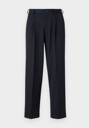 Navy blue trousers made of a smooth fabric, featuring a straight cut, pleated front, and a button closure at the waist.