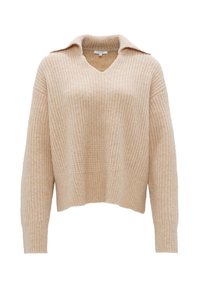 Maglione beige a maglia con scollo a V e colletto. Presenta un design testurizzato a coste e maniche lunghe, completato da un orlo accorciato.