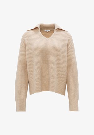 Beige gebreide trui met een V-hals en kraag. Heeft een gestructureerd, ribbelpatroon en lange mouwen, afgewerkt met een cropped zoom.