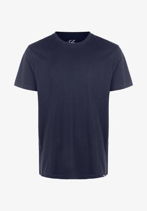 Mørkeblå bomulds t-shirt med rund hals, korte ærmer og diskret logo-detalje på brystet. Blød tekstur og almindelig pasform.