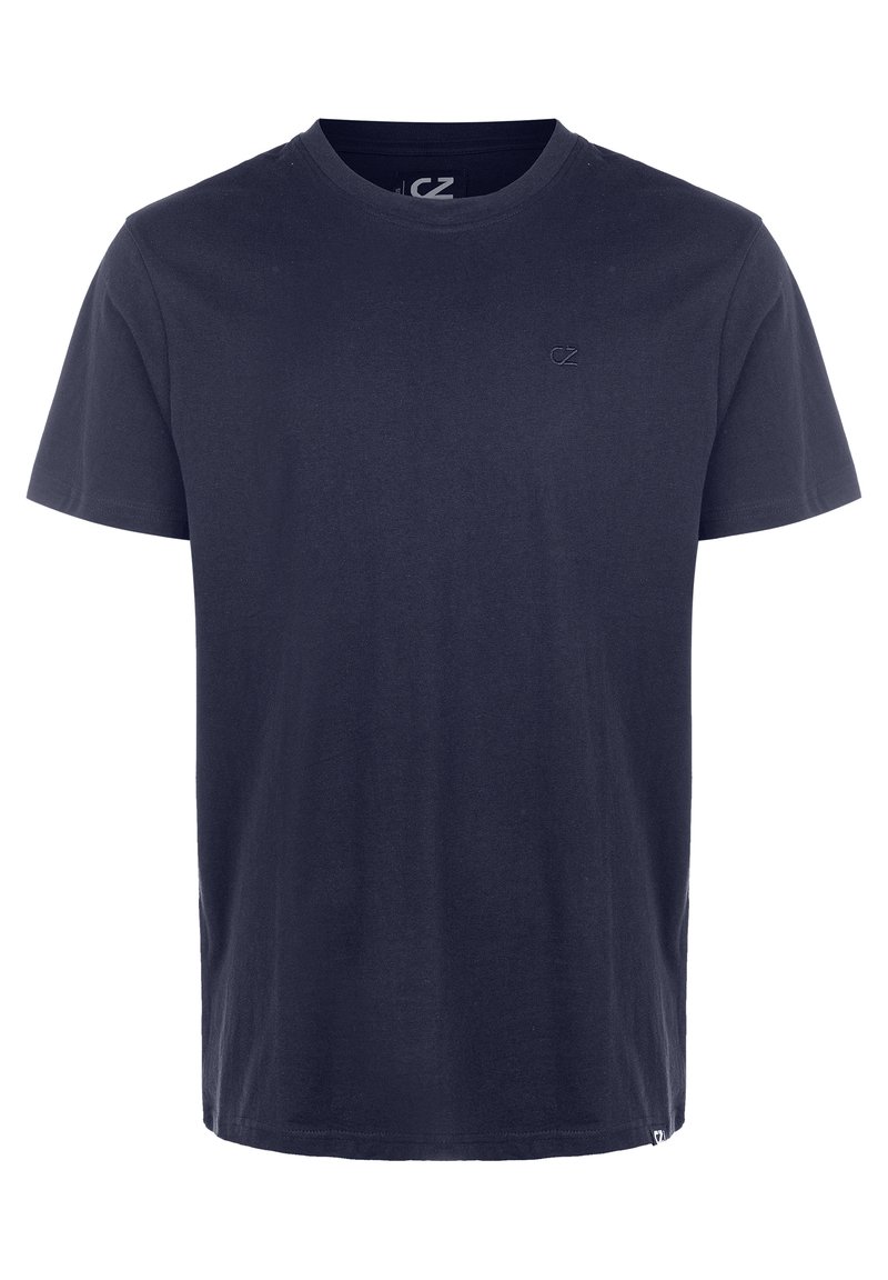 T-shirt en coton bleu marine avec col rond, manches courtes et détail de logo subtil sur la poitrine. Texture douce et coupe standard.