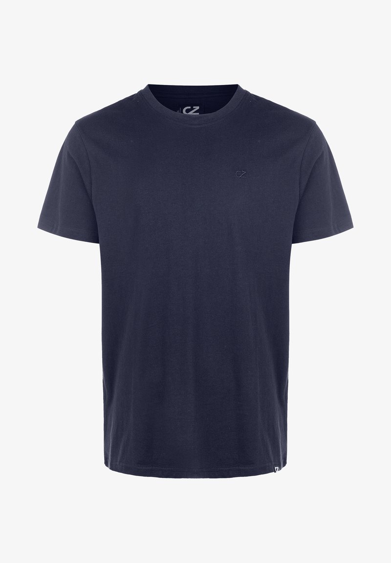 Laivastonsininen puuvillapaita, jossa on pyöreä pääntie, lyhyet hihat ja hillitty logoyksityiskohta rinnassa. Pehmeä rakenne ja normaali istuvuus.