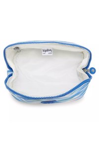 Zippered pouch featuring a blue and white wave pattern, made of durable material. Interior is plain white with a logo tag visible.