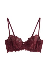 Burgundy lace bralette with sheer floral patterns, underwire support, adjustable straps, and a central button detail.