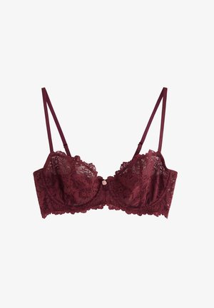 Burgundy lace bralette with sheer floral patterns, underwire support, adjustable straps, and a central button detail.