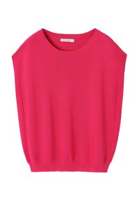 Maglione rosa oversize con scollo rotondo e maniche corte. Realizzato in morbido tessuto a maglia, con bordi a costine e una silhouette rilassata.