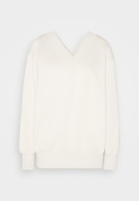 White, long-sleeve sweatshirt with a V-neck, ribbed cuffs, and hem. Soft texture, relaxed fit, and minimalistic design. No patterns or accents.