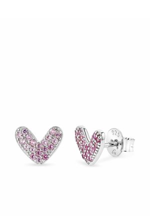 Orecchini a bottone a forma di V in argento con piccole pietre preziose rosa e viola, visione frontale e laterale con chiusure a farfalla.