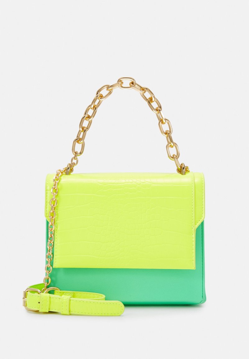 Neon green and yellow handbag made of textured synthetic material, featuring a gold chain handle and optional shoulder strap.