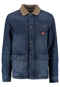 Džínová bunda s hn ědým límcem s fleecovou podšívkou. Má boční a náprsní kapsy, zapínání na knoflíky a mírně vybledlý modrý odstín.