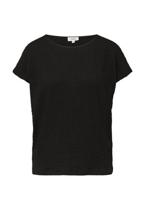 Schwarze, kurzärmelige Bluse mit strukturierter Oberfläche, rundem Ausschnitt und s.Oliver Label innen im Kragen, Größe 38.