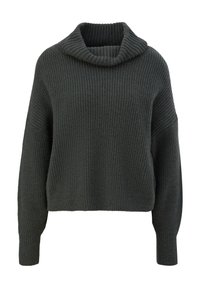 Dunkelgrauer, gestrickter Pullover mit weiter Kapuze, leicht fallenden Schultern und gerippter Textur. Verfügt über lange Ärmel und einen cropped Saum.