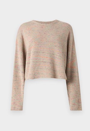 Lett, cropped genser i flerfarget strikk med rund hals og lange ermer. Myk tekstur med subtil mønstring gjennom hele.