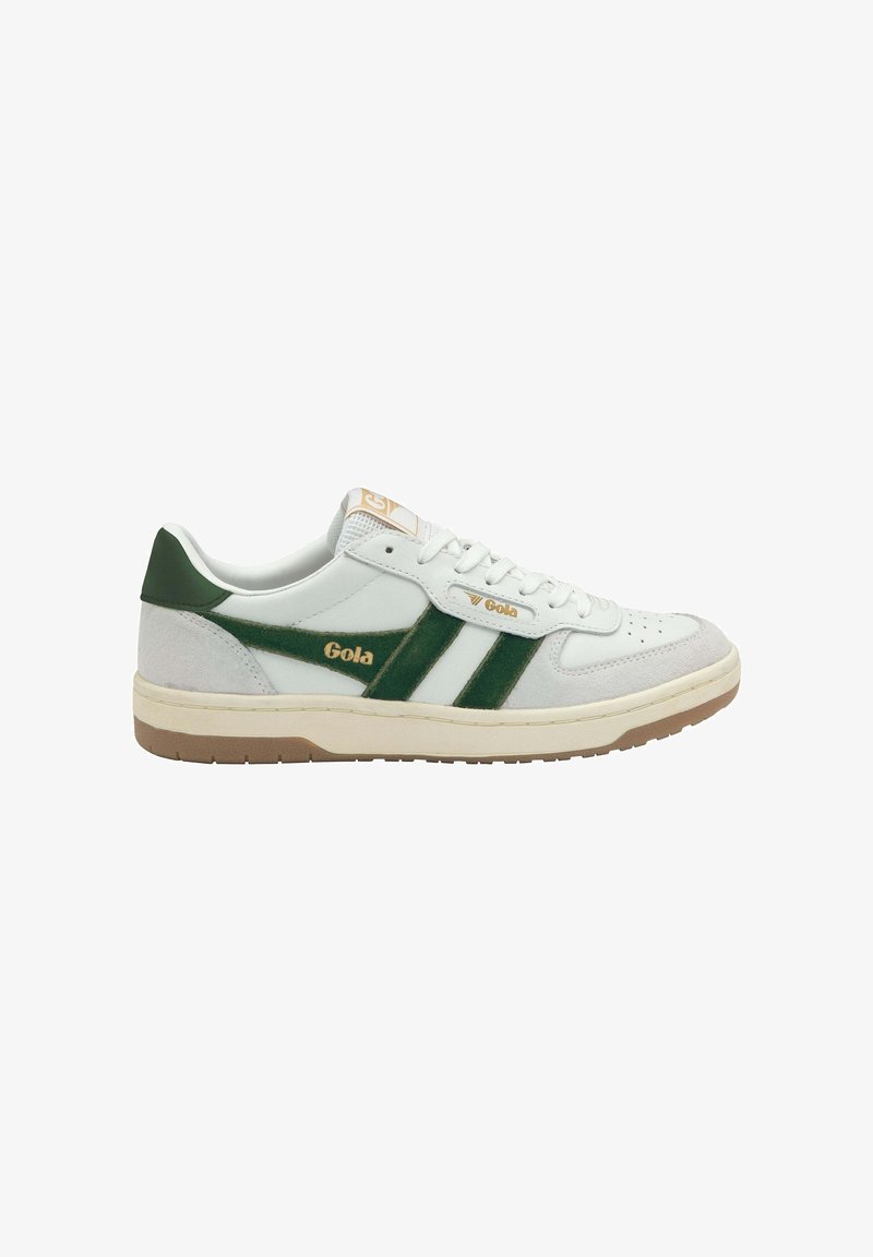 White and green Gola sneaker with beige sole, lace-up front, and logo on side and tongue, shown in profile facing right.