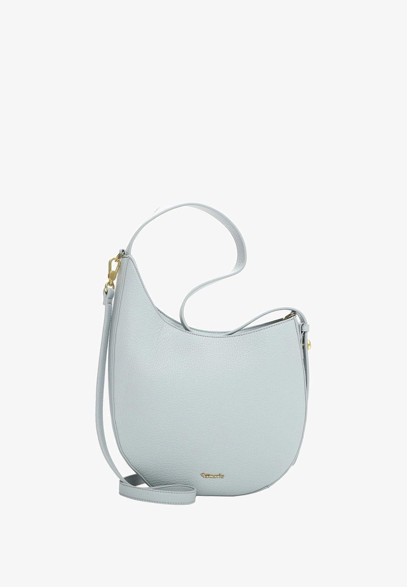 Jasnoszara torebka ze skóry ziarnistej o zaokrąglonym kształcie, z regulowanym paskiem i złotymi akcentami metalowymi. Posiada zamek błyskawiczny zapewniający bezpieczeństwo.