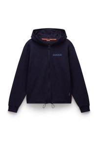 Hoodie zippé bleu marine avec capuche à cordon, présentant un logo bleu contrastant sur la poitrine et des poignets élastiques. Texture lisse et coupe régulière.