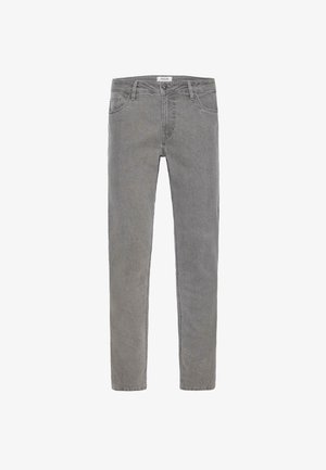 Sive traperice s ravnim krojem, koje imaju pet džepova, petlje za remen i zatvaranje na patentni zatvarač. Suptilna izblijedjela tekstura po cijeloj površini.