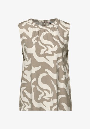 Haut sans manches beige avec un motif abstrait ondulé blanc, encolure ronde et petit détail froncé au centre avant.