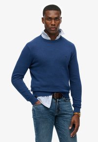 Marinblå sweater i strikmateriale med rund hals, båret over en lysegrå stribet skjorte med krave, parret med blå denimjeans.