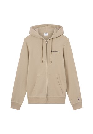 Felpa con cappuccio beige con zip, tasche anteriori, coulisse sul cappuccio e piccolo logo Champion sul petto e sul polsino della manica.