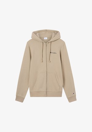 Beiger Kapuzenpullover mit Reißverschluss, Fronttaschen, Kordelzug an der Kapuze und kleinem Champion-Logo auf der Brust und am Ärmelsaum.
