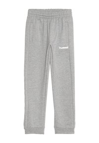 Grijze sweatpants gemaakt van zachte katoenstof met een elastische tailleband, zijzakken en een wit logo op het linker onderbeen.