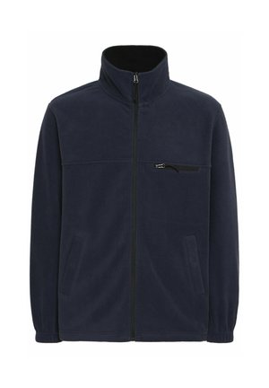Veste en polaire navy avec col montant, fermeture éclaire intégrale et une poche poitrine zippée. Comprend deux poches latérales et des poignets élastiques.
